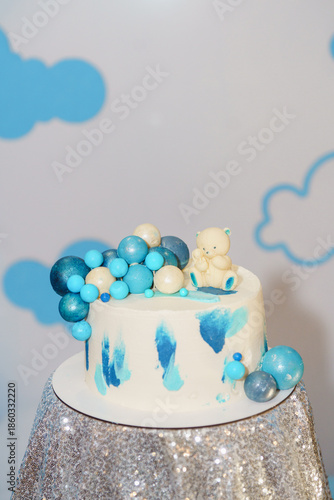 Stylish modern birthday cake. Beautiful delicious colorful dessert for a child party celebration.