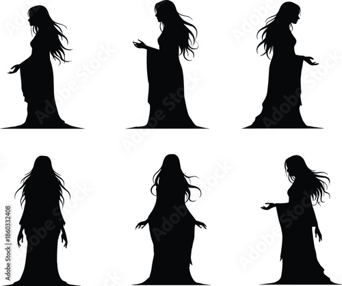 Female silhouette illustration, long hair figure, robe costume, expressive pose set, black vector graphic, dramatic gesture, spooky theme, character design, artistic concept, eerie style