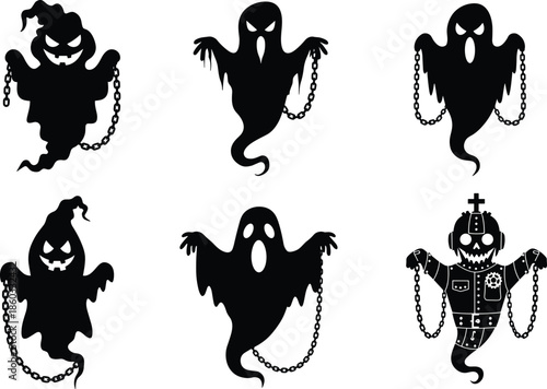 Ghost silhouettes, chain holding spirits, spooky figures, Halloween theme, eerie design, haunted characters, dark art, creepy pose, spectral style, horror illustration, ghost costume, supernatural