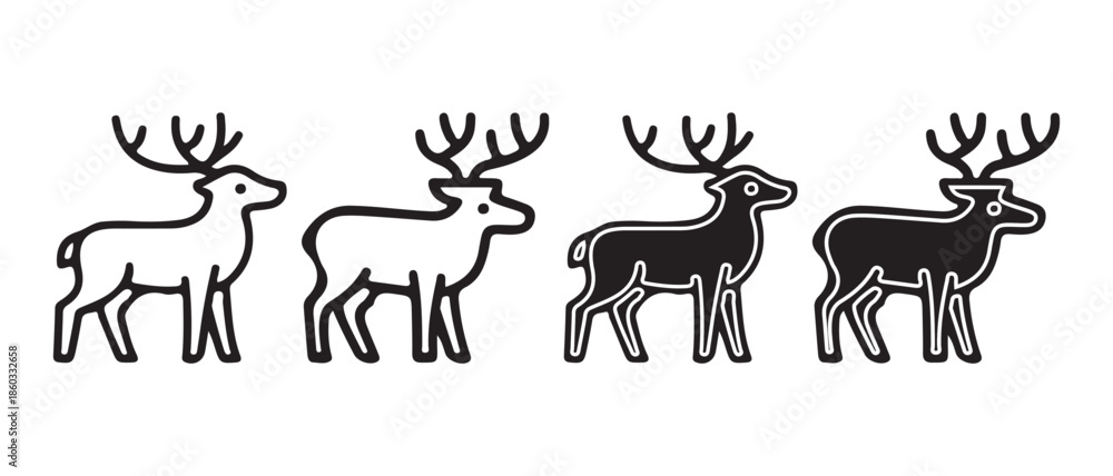 Obraz premium Deer Icons Set. White Outline and Silhouette Variations.