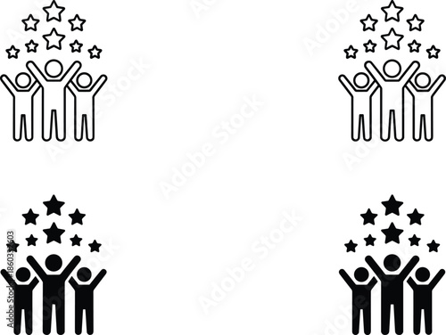 Vector Icon Set Featuring Triumphant Human Figures Surrounded by Rising Stars Representing Achievement Success and Community Recognition Milestones