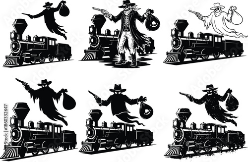 Ghostly train robbery, supernatural outlaw, haunted steam locomotive, wild west horror, spectral cowboy, eerie heist, spooky western scene, phantom bandit, vintage ghost story, mysterious gunslinger