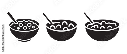 Breakfast Cereal Bowls with Spoons Icons Set.