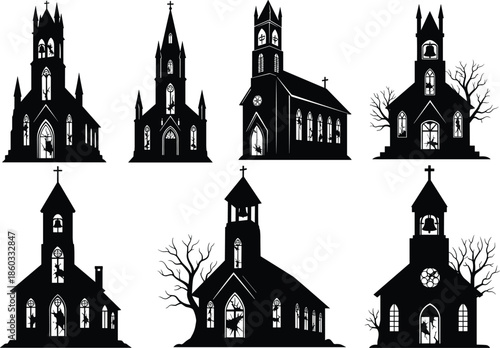 Gothic church silhouette, haunted cathedral illustration, spooky architecture design, black and white artwork, eerie religious building, pointed spire structure, bare tree background, horror theme