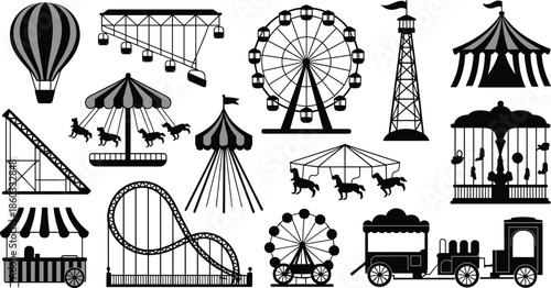 Amusement park silhouettes with Ferris wheels, roller coaster, carousel, circus tent, balloon, rides, and fairground attractions