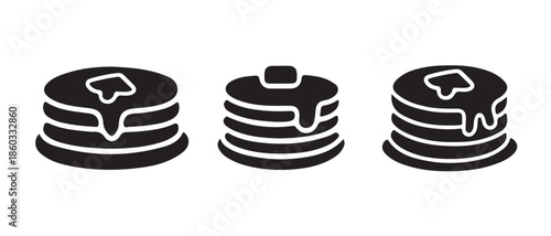 Pancakes Icon Set. Stacked Flapjack Illustrations with Syrup Drizzle.