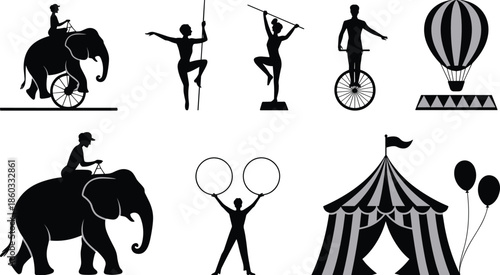 Circus silhouettes with elephant bicycle act, acrobats, unicycle rider, tent, balloons, and performers in artistic black‑and‑white design