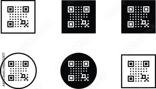 Vector Icon Set Featuring QR Codes in Various Border Styles Including Solid Squares Circles and Minimalist Outline Frames