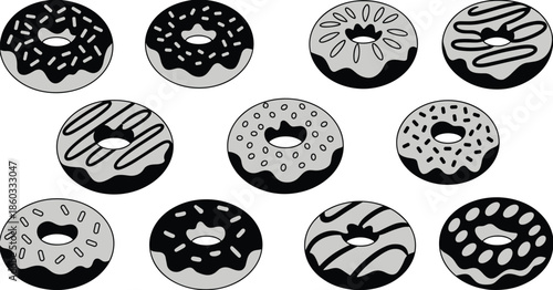 Delicious Black and White Donut Assortment - A Dozen Classic Glazed and Sprinkled Pastries for Bakery Menus and Sweet Treat Concepts