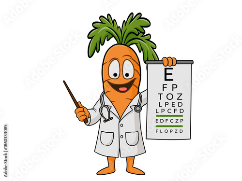 Cartoon carrot doctor holding eye chart and pointer. Fun health-themed illustration for kids, vision care, and nutrition design.