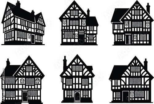 Half-timbered house illustration, traditional architecture, historic building, timber frame, European style, black and white, vintage facade, cultural heritage, old structure, classic