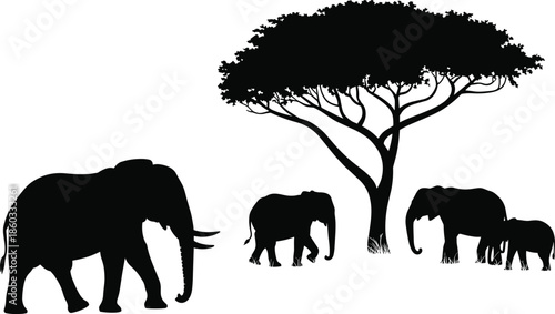 Elephant silhouettes with large tree, African wildlife artwork symbolizing savanna nature and family herd scene