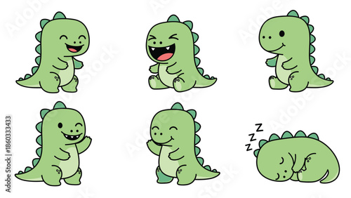Adorable Green Cartoon Dinosaur Character Set with Various Poses and Emotions: Happy, Waving, Laughing, and Sleeping