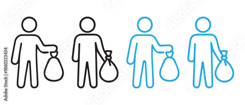 Man Holding Bag Icon Set. Black and Blue Outline Figures.