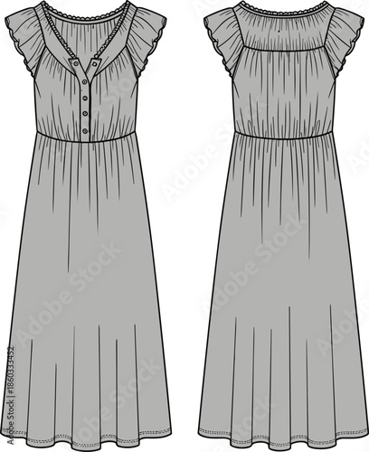 Minimalist Fashion Illustration of Woman in a Flowing Pink Midi Dress, Elegance and Style, Watercolor Sketch