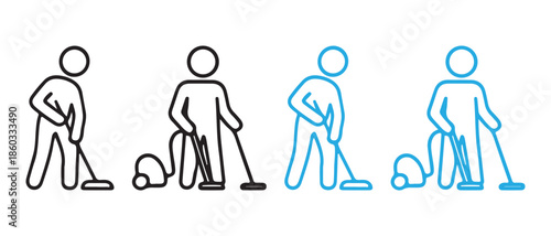 Man Cleaning with Vacuum Cleaner Icons Set. Black and Blue Line Art Figures.