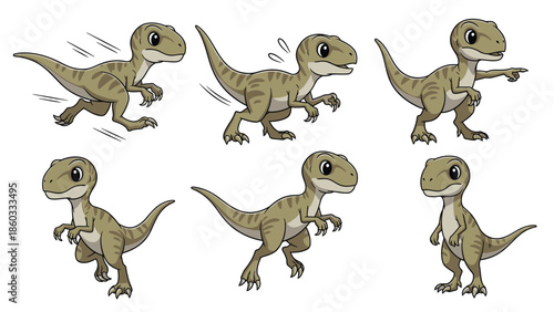 Adorable Cartoon Baby Velociraptor Dinosaur Character Poses and Expressions Collection