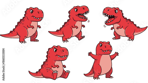 Cute Red Cartoon T-Rex Dinosaurs Set: Playful Prehistoric Creatures in Various Poses, Isolated on White Background for Kids' Design