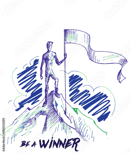 Climber with flag conquering top of mountain. Hand Drawn Vector Background.