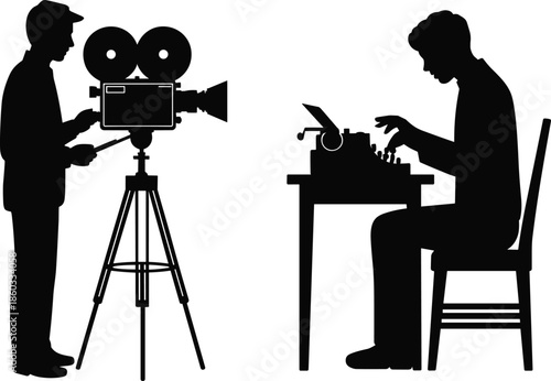 Silhouettes of filmmaker with vintage camera and writer at typewriter, creative professions in storytelling and media production