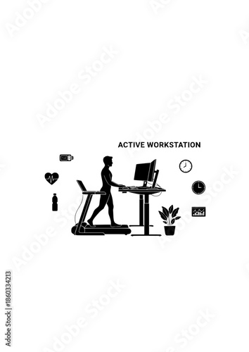 Active Workstation Silhouette of Person on Under Desk Treadmill for Workplace Wellness and Healthy Office Productivity Lifestyle Concept Vector