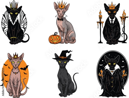 Halloween Sphynx cat illustration, spooky feline costume, black and white cats, crown and cape, pumpkin decor, witch hat, candlelight theme, fantasy pet art