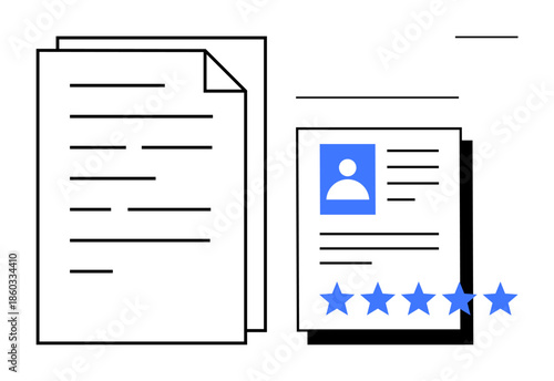 Documents and profile card featuring a photo icon, text lines, and five-star rating. Ideal for job applications, recruitment, evaluation, HR processes, employee performance, feedback systems quality
