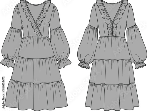 Technical Flat Sketch of a Ruffled V-Neck Dress with Tiered Skirt and Voluminous Balloon Sleeves