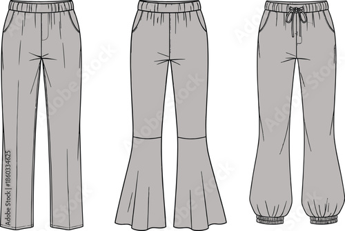 Women's casual trousers technical vector set, featuring elasticated waistband, straight leg, bell-bottom flare, and gathered jogger ankle styles, fashion template.