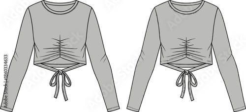 Women's fashion long-sleeve crop top technical flat sketch, front ruching detail with adjustable tie-waist, cut-out design, casual apparel vector template, gray scale.