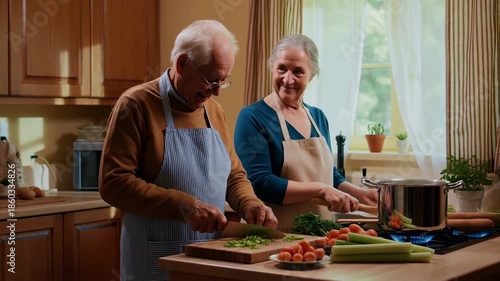 Gentle Elderly Couple Collaboratively Chopping Vegetables With Warmth And Smiles In Sunny Kitchen Atmosphere