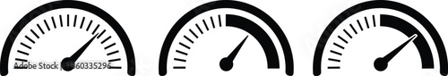 Solid Black Vector Icon Set Featuring Semicircular Dashboard Gauges Performance Meters and Speedometers for Industrial Data Visualization Interfaces