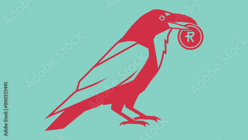 Crimson raven holding a coin with the letter R in its beak.