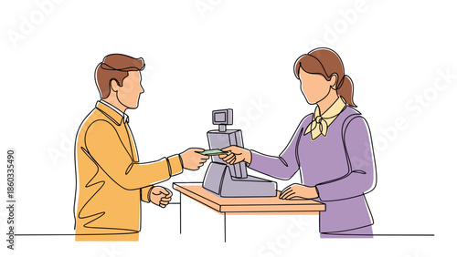 Customer paying cashier at checkout with cash in a store.