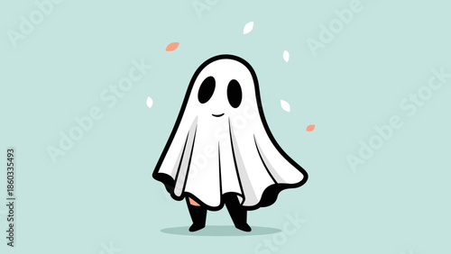 Cute Cartoon Ghost Character with Sheet Costume and Smiling Face.