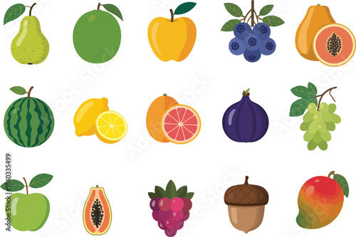 Fruit Vector Icon Set. Pear, Green Apple, Yellow Apple, Blueberries, Papaya, Watermelon, Lemon, Grapefruit, Fig, Grapes, Raspberries, Acorn, Mango