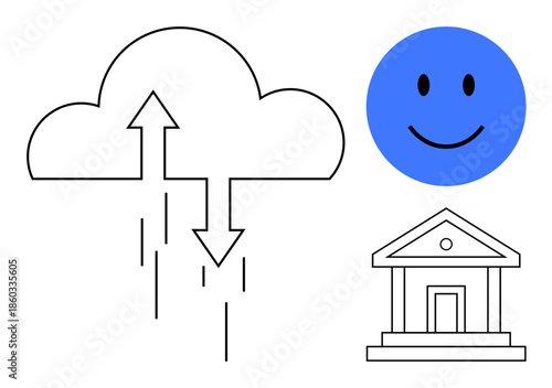 Cloud computing. Cloud icons data transfer between systems and secure storage. Cloud computing improves digital banking and user experience. For fintech, cloud services, security, banking, and data
