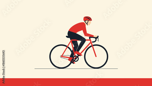 Cyclist in Red Riding a Road Bike with Focus and Determination.