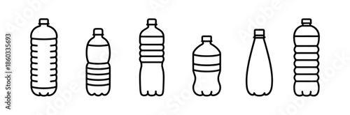 Water Bottle Plastic Icon Set Vector Illustration. Collection of Hydration and Recycling Symbols