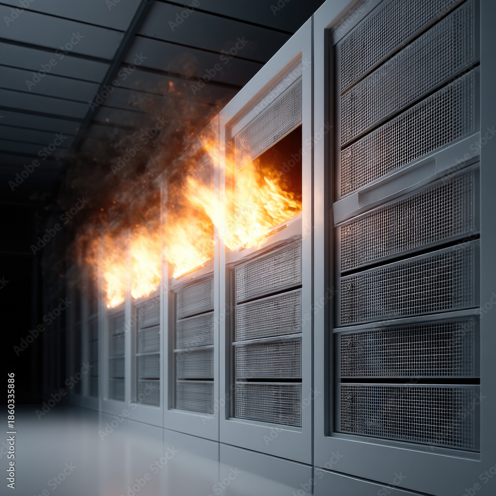 Fototapeta premium Burning server rack in data center with intense flames and smoke, emergency situation, technology disaster, dramatic scene