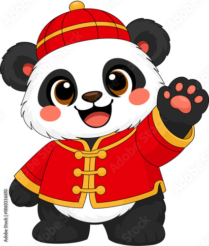 Cartoon panda in Chinese clothes waving hand