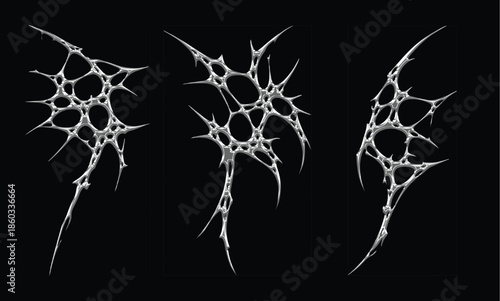 Set 3d chrome metal effect neo tribal y2k gothic style tattoo. Cyber sigilism abstract design. Black flame ornaments with sharp edges and metalcore aesthetic. Vector decorative elements