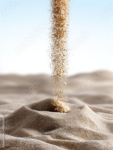 Sand falling from above creates small mound in desert landscape under clear blue sky, evoking calm and tranquility