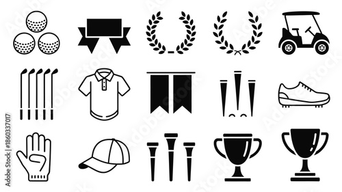 Golf equipment and accessories icons set in black and white illustration