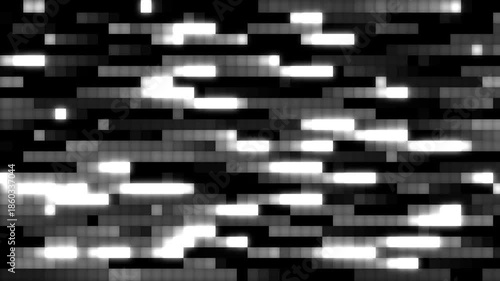 Gray and White of black background. Motion . Bright animation with pixels that move in different directions and shimmer with light shades.