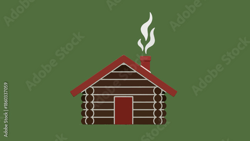 Cozy log cabin with smoke rising from chimney