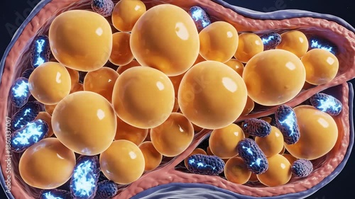 Liver lipid overload. Excess dietary fat enters hepatocytes, forming large lipid droplets that crowd cellular space. Mitochondrial activity appears less organized