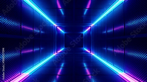 Vibrant Mirrored Futuristic Environment, Bright Purple And Blue Lights Illuminate Reflective Glossy Surfaces