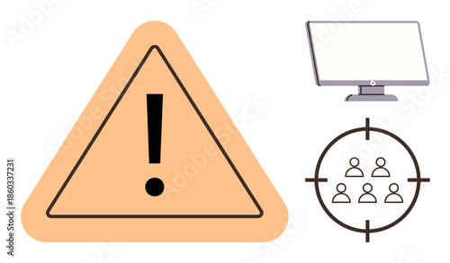 Warning triangle with exclamation point, computer monitor, and scope targeting group. Ideal for cybersecurity, online threats, danger, safety, monitoring teamwork and decision-making. Simple flat