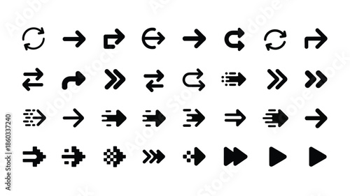 Collection of various black arrow symbols and directional icons arranged in rows